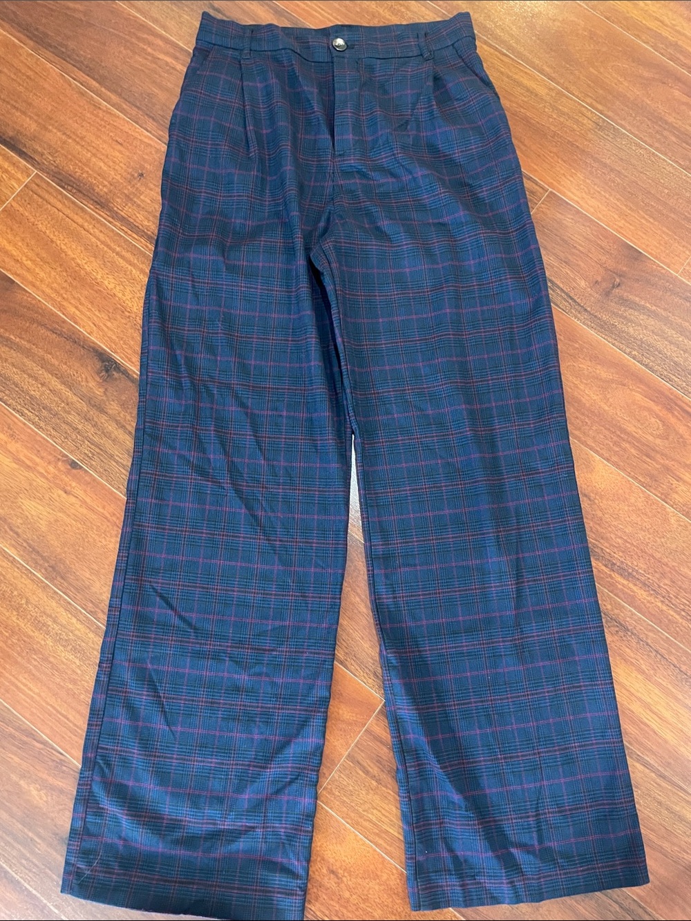 Zara Women’s Navy and Red Plaid Wide-Leg Trousers Size Medium